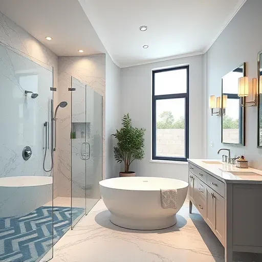 Modern Wilmington CA bathroom remodel with sleek fixtures, walk-in shower, freestanding tub, and warm lighting.