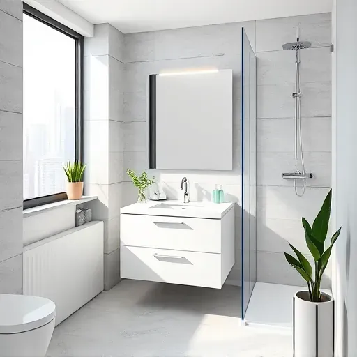 Renovated small bathroom in Los Angeles with sleek white vanity, frameless shower, and elegant ceramic tiles.