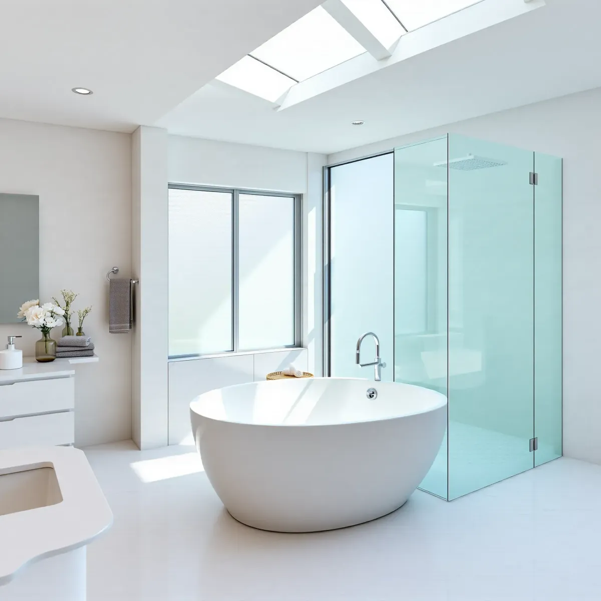 Modern renovated LA bathroom with white marble, glass shower, soaking tub, neutral tiles, natural light, and upscale decor.