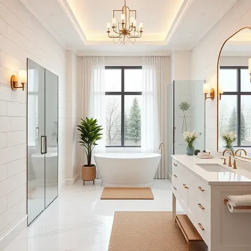 Completed bathroom remodel in Wilmington, CA featuring modern design, freestanding tub, and elegant fixtures.