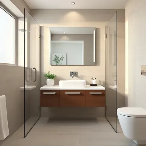 Completed small bathroom remodel in West Adams CA with modern tiles glass shower vanity ambient lighting