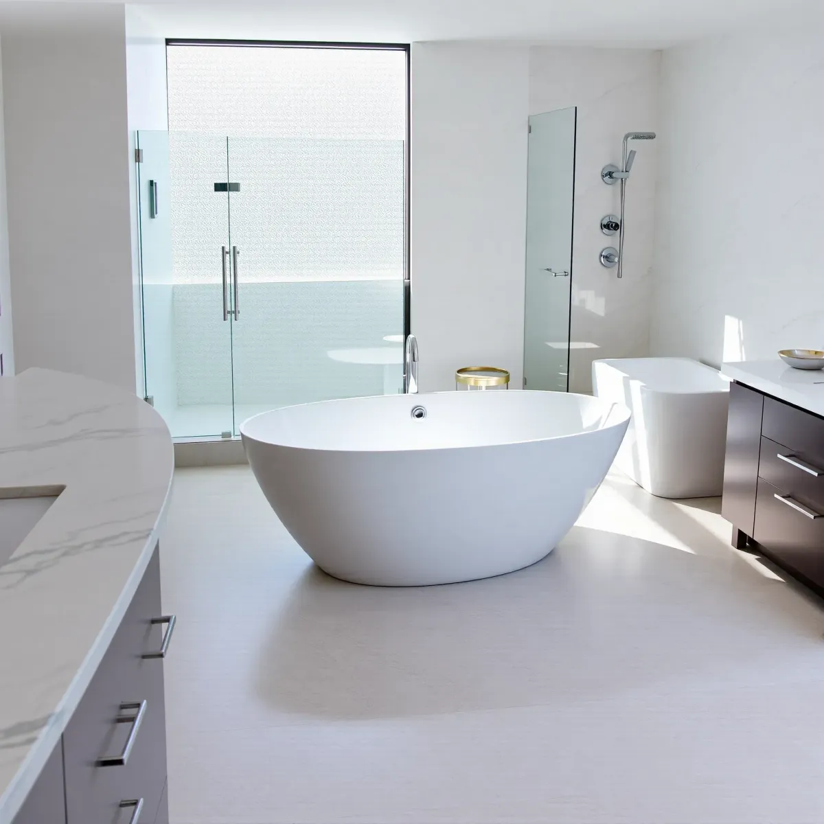 Modern bathroom with sleek fixtures, elegant tiles, and stylish lighting in Inglewood, CA.
