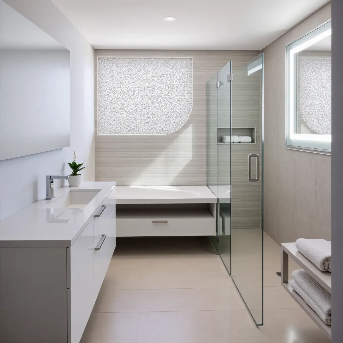 Modern Marina del Rey bathroom with sleek fixtures, glass shower, marble vanity, coastal view, and beach-inspired accents.