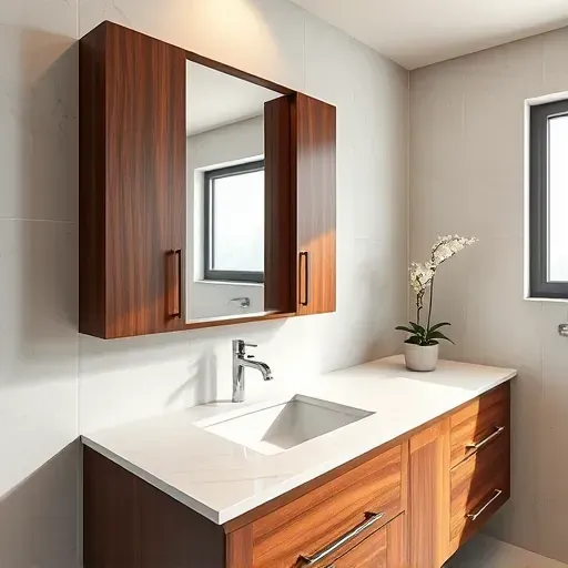 Modern Los Angeles bathroom with custom dark wood vanity, marble countertop, frameless mirror, elegant tiling, and natural light