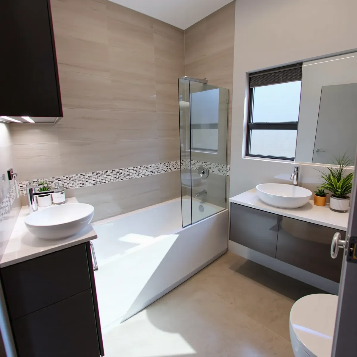 Small modern bathroom in South LA with sleek fixtures, tiled walls, glass shower, vanity, and natural light.