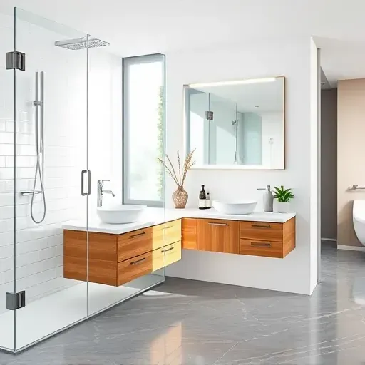Modern small bathroom in Playa Vista with walk-in shower, floating vanity, backlit mirror, marble flooring, natural light, and sleek finishes