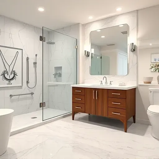 Newly renovated basement bathroom in Los Angeles featuring marble flooring, modern tiles, glass shower, and sleek vanity