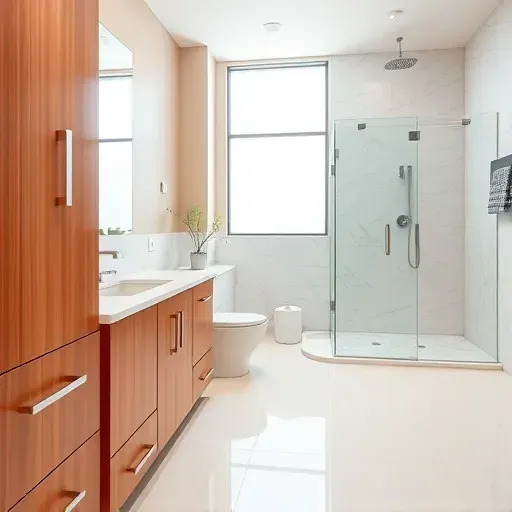 Beautiful renovated Los Angeles bathroom with polished wooden cabinets, marble countertop, glass shower, and modern decor