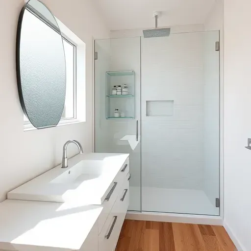 Remodeled small Fairfax District bathroom with sleek white vanity, frameless glass shower, neutral tiles, and warm wood-look floor