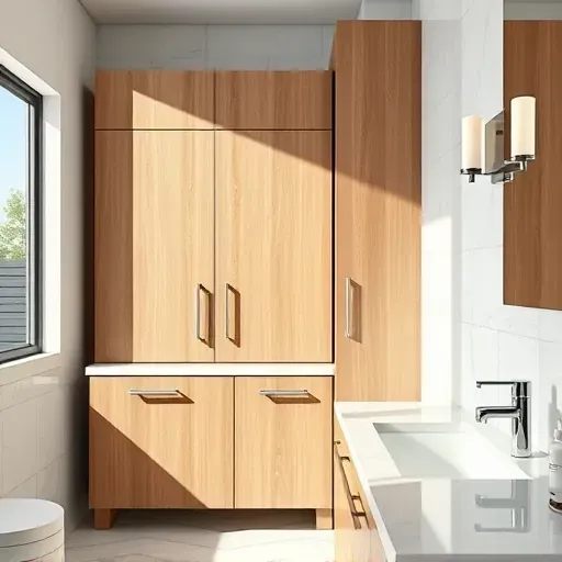 Refaced modern bathroom cabinet with sleek wood finish and polished hardware in a bright elegant LA bathroom scene