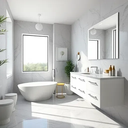Modern El Segundo bathroom remodel featuring gray marble tiles, a freestanding bathtub, and elegant white vanity with quartz.