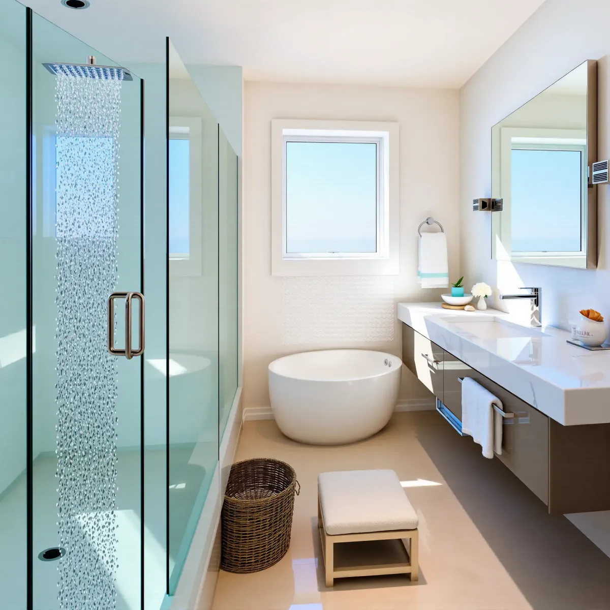 Beautiful Manhattan Beach bathroom with tiled walk-in shower, floating vanity, marble accents, and modern fixtures.