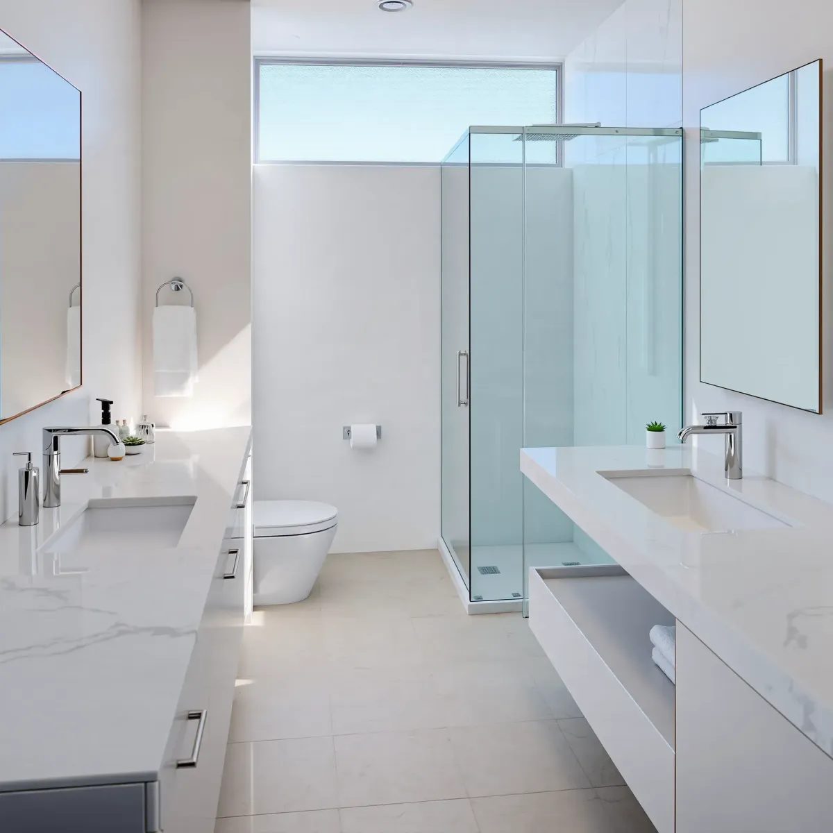 Small modern bathroom in Marina del Rey, CA with marble vanity, rainfall shower, neutral tiles, and contemporary fixtures.