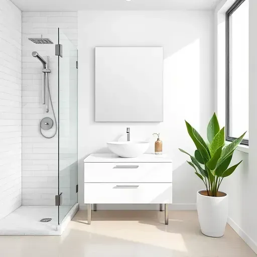 Remodeled small bathroom in Playa del Rey CA with modern fixtures, marble shower, white vanity, coastal accents and natural light