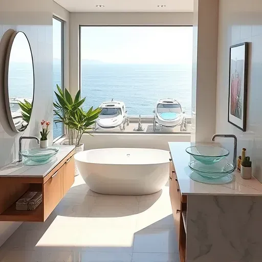 Luxurious bathroom remodel in Marina del Rey with freestanding tub, marble vanity, and coastal views enhancing tranquility.