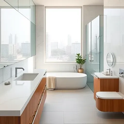 Recently renovated Los Angeles bathroom with marble counters glass shower chrome fixtures and modern wood cabinetry