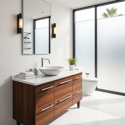 Modern Los Angeles bathroom with dark wood vanity, marble countertop, vessel sink, chrome fixtures, natural light, and lush accents