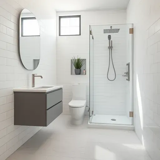 Renovated small Venice California bathroom with modern white subway tiles, floating gray vanity, marble countertop, glass shower, and warm LED lighting