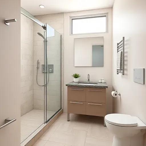 Remodeled small bathroom in Lawndale CA with modern fixtures, granite vanity, glass shower, natural light, and sleek decor