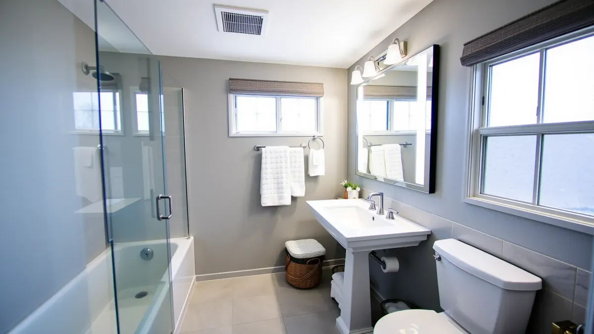 Renovated small bathroom in Torrance, CA with ceramic tiles, glass shower, marble vanity, natural light, and modern decor.