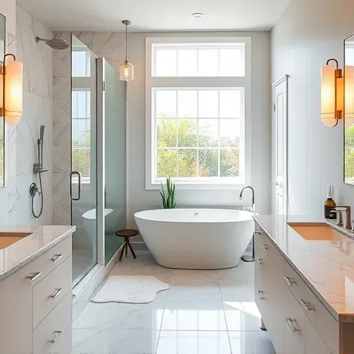 Completed bathroom remodel in Marina del Rey features marble countertops, sleek fixtures, walk-in shower, and soaking tub.