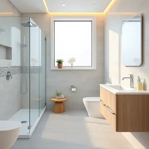 Completed modern small bathroom remodel in El Segundo with sleek fixtures, glass shower, mosaic accents, and natural lighting