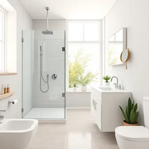 Fresh renovated small bathroom in Mar Vista California with modern fixtures, minimalist design, glass shower, white sink, and natural lighting