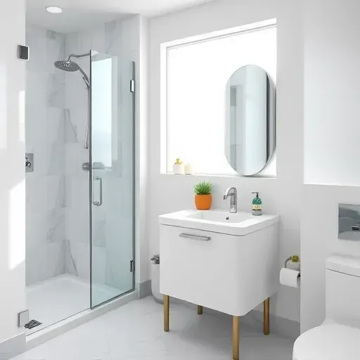 Renovated small coastal-inspired bathroom in Marina del Rey with modern fixtures, glass shower, marble floors, and natural light