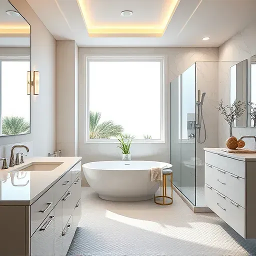 Elegant bathroom remodel in Hermosa Beach featuring a freestanding tub, marble counters, and ambient lighting.