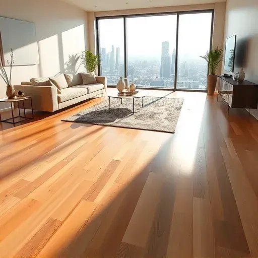 Completed heated hardwood flooring installation in a modern Los Angeles living room with sunlight reflections and sleek design