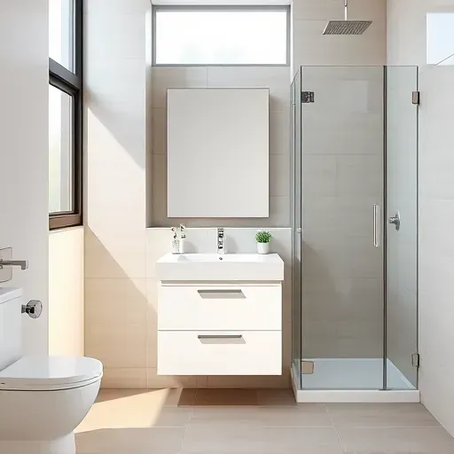 Renovated small bathroom in Inglewood CA with modern design, quartz vanity, walk-in shower, neutral tiled walls, and polished porcelain floor