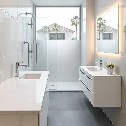 Renovated small Palms California bathroom with white marble countertops, chrome fixtures, glass shower, and natural light