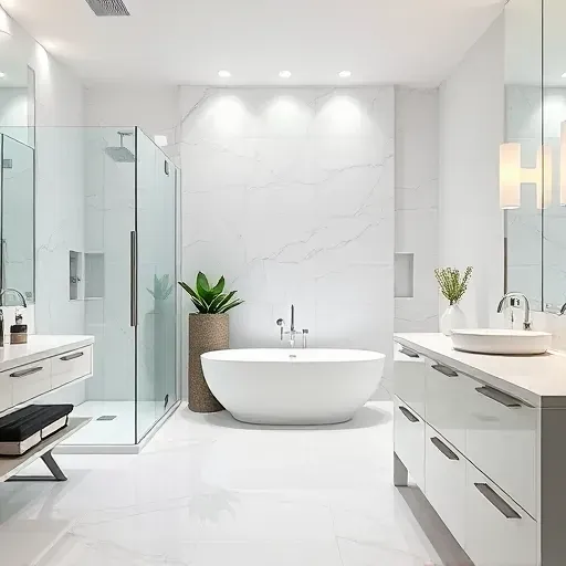 Contemporary bathroom remodel in Redondo Beach features marble floors, walk-in shower, freestanding tub, and sleek decor.