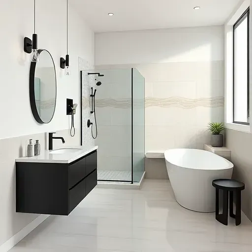 Renovated small bathroom in Lomita CA with sleek black fixtures, marble counter, freestanding tub, and coastal accents.