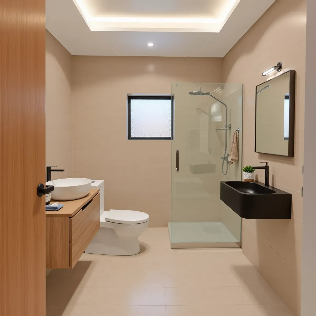 Small View Park bathroom remodel featuring modern design, neutral tones, sleek fixtures, natural light, and minimalist decor.