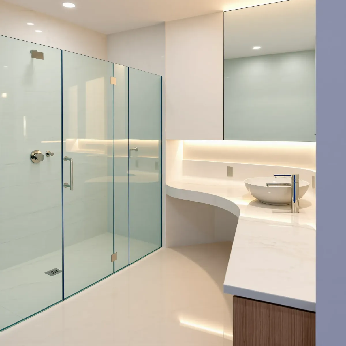 Remodeled Torrance bathroom with glass shower, soaking tub, modern vanity, warm lighting, neutral tones, and elegant finishes.