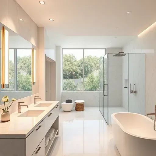Modern Los Angeles bathroom with sleek lighting, marble countertops, glass shower, natural light, polished surfaces, and elegant fixtures