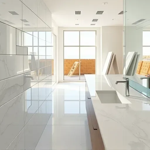 Freshly renovated bathroom in Los Angeles with exposed tiles, marble counters, chrome fixtures, drywall, and organized construction materials