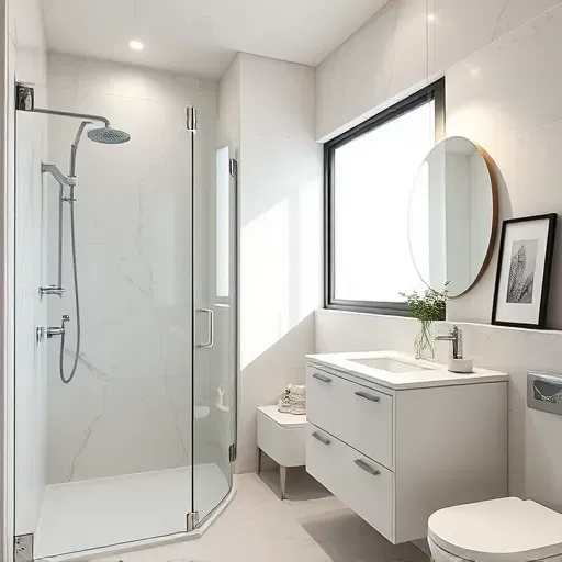 Freshly renovated small bathroom in Los Angeles with marble tiles, glass shower, minimalist vanity, and stylish lighting.