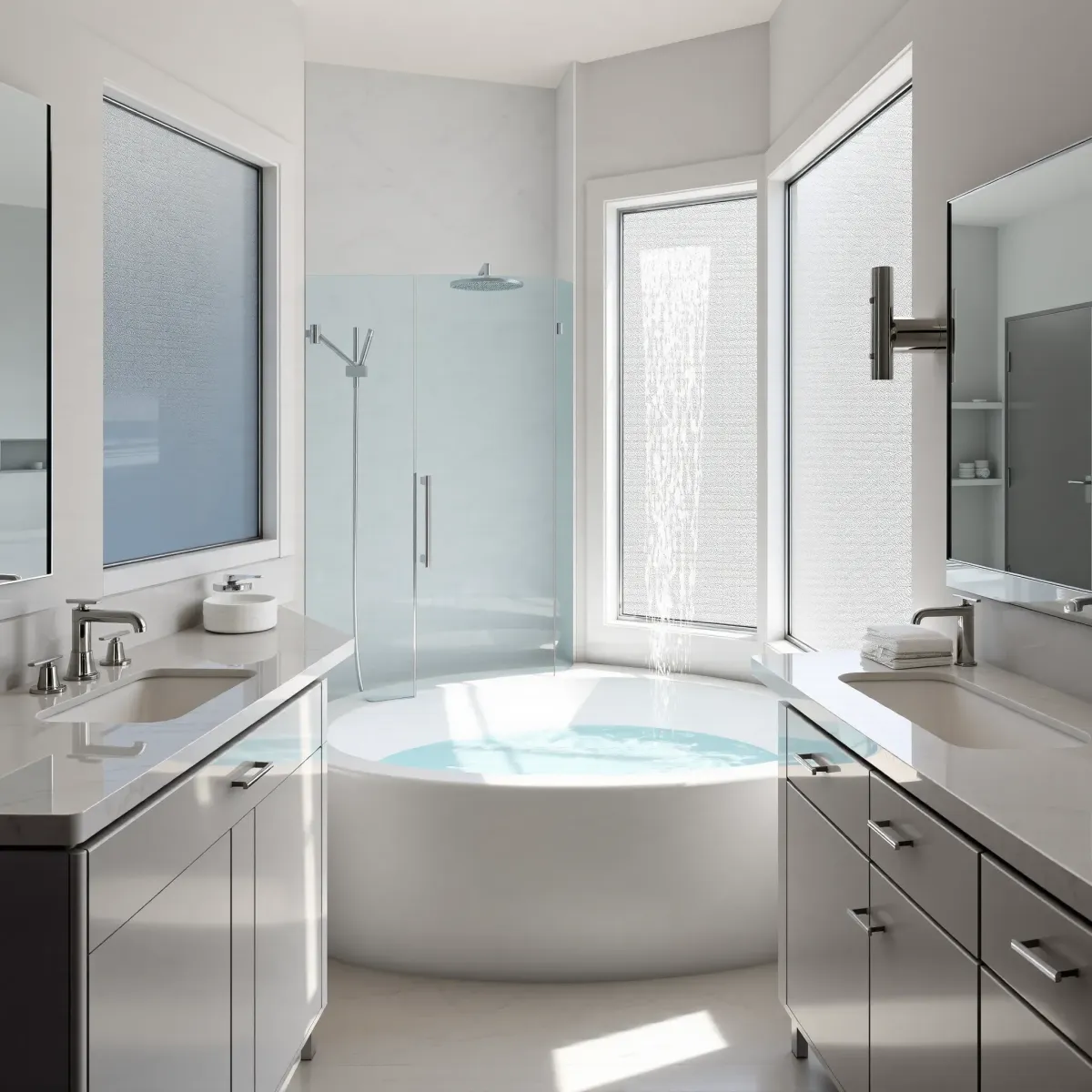 Renovated Redondo Beach bathroom with marble countertops, glass shower, coastal tones, and modern, elegant fixtures.