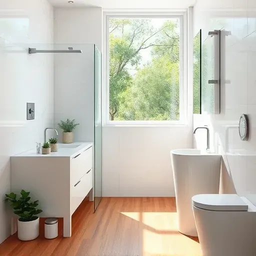Renovated small Santa Monica bathroom with marble countertops, glass shower, porcelain sink, natural light, and lush greenery