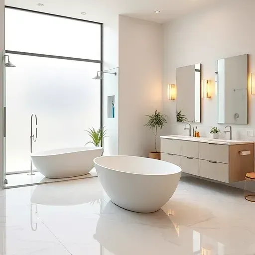 Renovated Los Angeles master bathroom with marble floors, walk-in shower, freestanding tub, double vanity, greenery, and modern fixtures