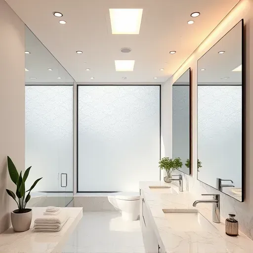 Modern Los Angeles bathroom with sleek LED lighting, marble countertops, large mirror, chrome fixtures, natural light, greenery, and upscale decor