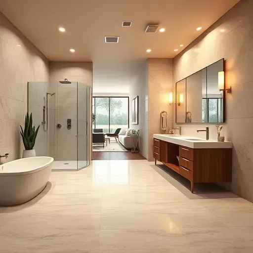 Beautiful finished Los Angeles basement bathroom with modern fixtures, walk-in shower, stone tiles, and elegant vanity