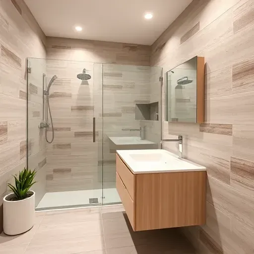 Remodeled small bathroom in Mar Vista with sleek fixtures, glass shower, light wood vanity, large mirror, and natural touches
