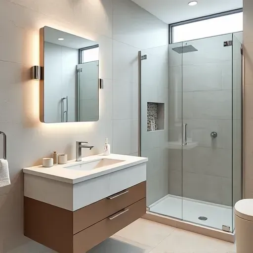 Small Century City bathroom with modern fixtures, marble vanity, glass shower, city view, neutral tiles, and ambient lighting