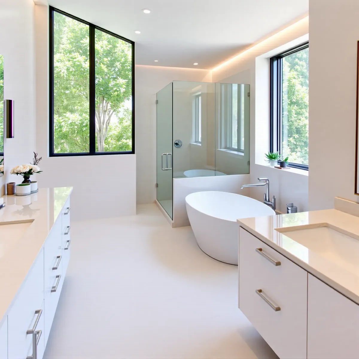 Luxurious Beverly Hills bathroom with marble floors, soaking tub, double vanity, walk-in shower, and tropical garden view.