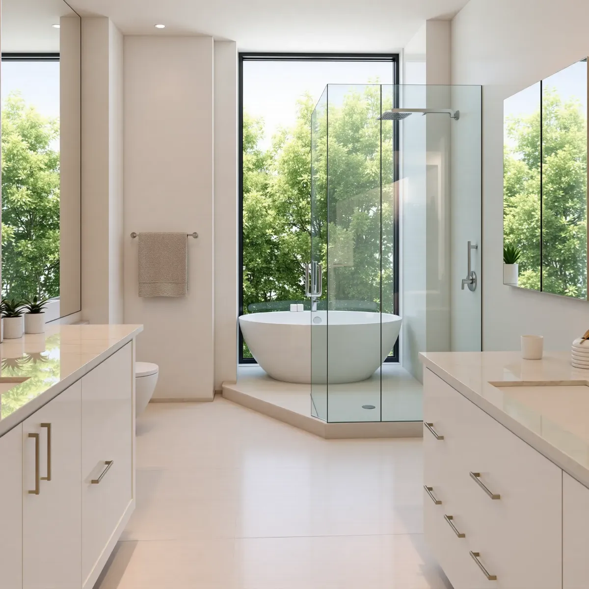 Remodeled Rancho Park bathroom with walk-in shower, freestanding tub, marble accents, modern fixtures, and natural light.