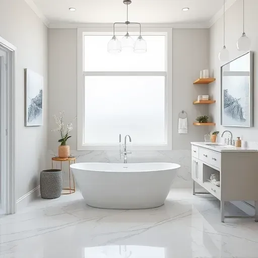 Spacious Venice bathroom remodel with freestanding tub, double vanity, marble flooring, and serene coastal decor.
