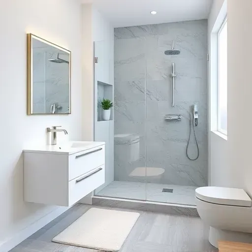 Recently renovated small bathroom in Windsor Hills CA showcasing modern design with sleek white vanity and grey marble tiles.